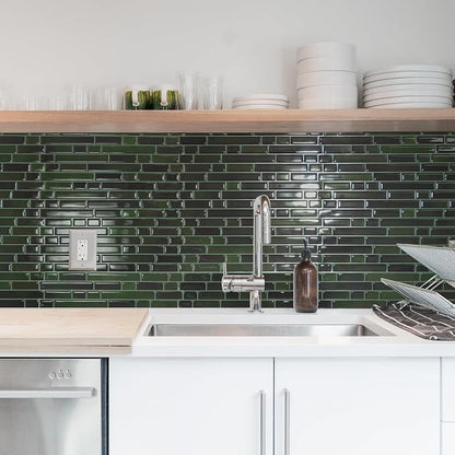 Art3d Linear Design Tile Peel and Stick Backsplash, 10-Sheet, Dark Green | 12 x 12 Inch, Enhanced Thickness, Warp Resistant, Strong Adhesion, Sturdy, for Kitchen, Bedroom, Ideal for Home Improvement