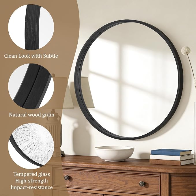 Round Wood Mirror, 32" Round Modern Decoration Large Circle Wall Mirror for Bathroom Living Room Bedroom Entryway, Black