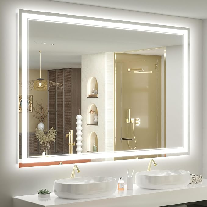 OKPAL 55x40 Lighted Bathroom Mirror, Anti-Fog LED Bathroom Mirror, Bathroom Mirror with Lights, Dimmable Lighted Vanity Mirror, Shatterproof, ETL Listed, Horizontal/Vertical