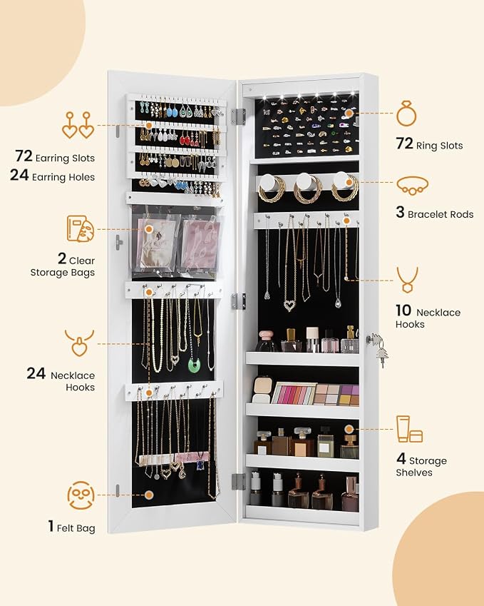 LVSOMT Over The Door Jewelry Organizer, 6 LED Wall Mounted Jewelry Cabinet | Lockable 42.5" Full Length Mirror with Jewelry Storage, Hanging Jewelry Mirror Cabinet, Jewelry Armoire for Women, White