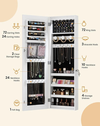 LVSOMT Over The Door Jewelry Organizer, 6 LED Wall Mounted Jewelry Cabinet | Lockable 42.5" Full Length Mirror with Jewelry Storage, Hanging Jewelry Mirror Cabinet, Jewelry Armoire for Women, White
