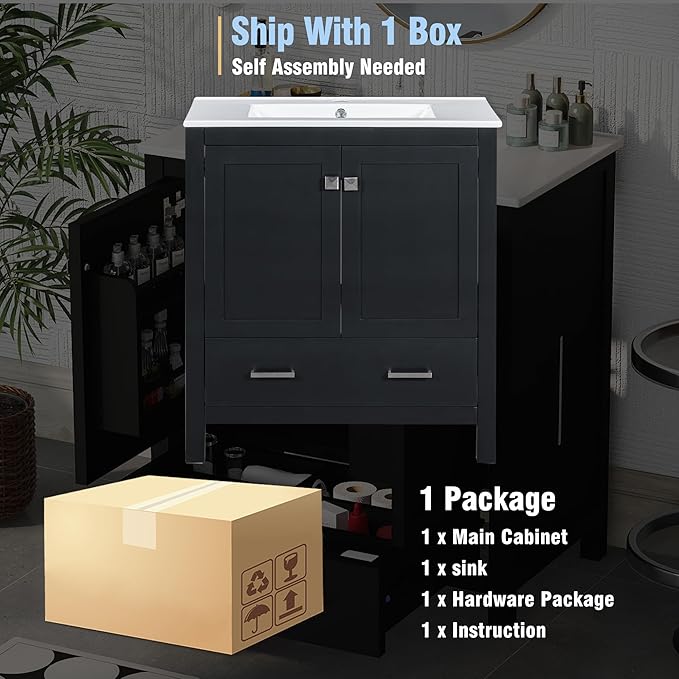LUMISOL 30" Bathroom Vanity with Sink Top, Single Bathroom Sink Cabinet with a Drawer and 2 Doors, Freestanding Storage Vanity with Undermount Ceramic Basin, Black