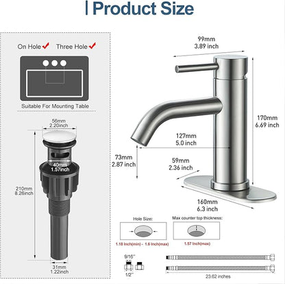 Bathroom Faucets, Brushed Nickel Single Hole Bathroom Sink Faucet Modern Single Handle Vanity Sink Faucet 1 Hole with 3 Hole Deck Plate, Pop Up Drain