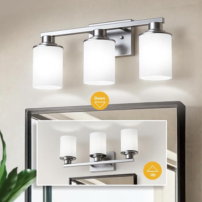 L LOHAS LED 3-Light Bathroom Vanity Light, Brushed Nickel | Milky White Frosted Glass Shades; Wall Sconce Over Mirror for Bedrooms; ETL Listed