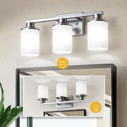 L LOHAS LED 3-Light Bathroom Vanity Light, Brushed Nickel | Milky White Frosted Glass Shades; Wall Sconce Over Mirror for Bedrooms; ETL Listed