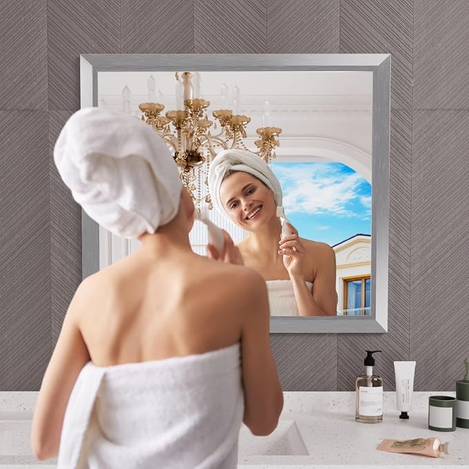 Bathroom Mirror for Wall, 40x36 Inch (Brushed Silver) | HD Reflection, Tempered Glass, Thick Metal Framed Rectangle Mirrors for Over Sink, Bedroom, Living Room, Entryway, Anti-Rust