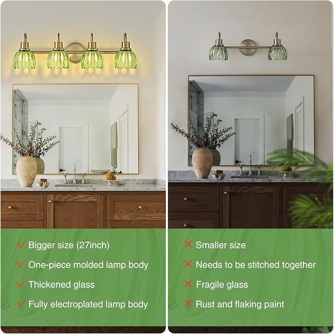 4-Light Bathroom Light Fixtures, 27" Vintage Gold Vanity Lights for Bathroom, Modern Vanity Lights with Ribbed Green Tulip Glass Shade, Wall Lamp for Mirror Living Room Hallway