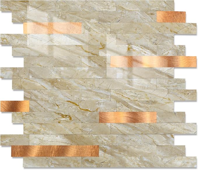 Yipscazo 20 Sheets Peel and Stick Stone Metal Tile Backsplash, Stick on Tiles for Backsplash Kitchen, Bathroom, Laundry Room, Camper, Fireplace (12'' X 12'', Polished Beige)