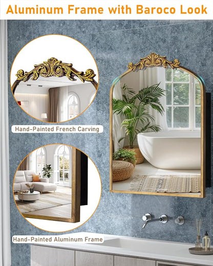 24x30 Inch Bathroom Medicine Cabinet Surface Mounted, Medicine Cabinet with Arched Mirror, Hand-Painted Bronze Aluminum Frame, Baroque Flower Decor, Black Metal Cabinet, 2 Stable & Removable Shelves