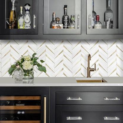 STICKGOO Herringbone Tile Peel and Stick Backsplash for Kitchen&Bathroom | 10-Sheet Self Adhesive Wall Tiles, Dolomite White Mixed Light Gold PVC Stick on Backsplash Tile for Kitchen,Bathroom