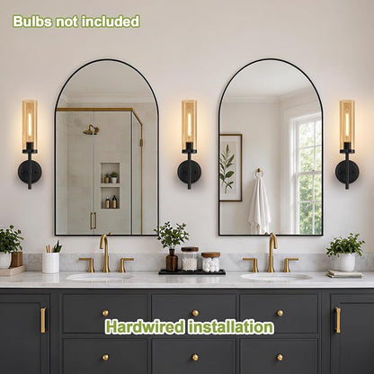 MOKATNG Hardwired Wall Sconces Set of Two, Matte Black Bathroom Sconces with Amber Glass, Modern Wall Light Fixtures for Bathroom Mirror Vanity, Living Room, Hallway, Stairway, Cabinet, Foyer