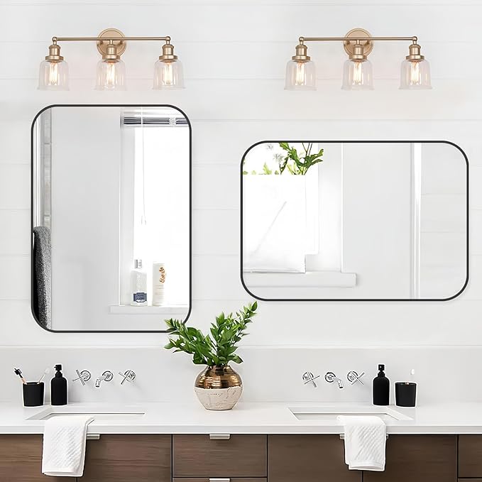 Black Bathroom Mirror, 22x30 Inch Matte Black Mirror, Aluminum Alloy Framed Vanity Mirror, Rounded Rectangle Mirror for Over Sink, Anti-Rust Wall Mirror (Horizontally or Vertically)