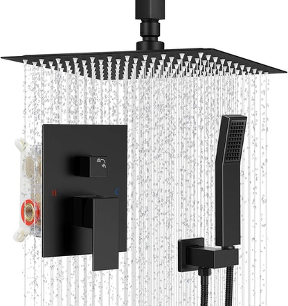 10" Square Ceiling Rain Shower Faucet Set,Matte Black | Anti-scald cartridge, air tech boosts pressure 30%, dual spray, NPT 1/2