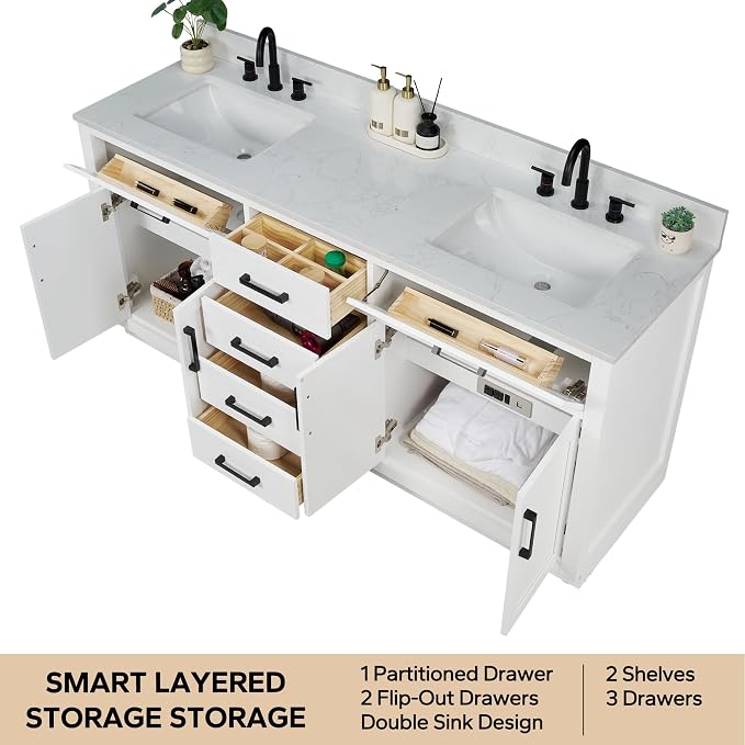 72-inch White Bathroom Vanity with 2 Sinks, Solid Wood, 0.79-inch Stone Countertop and Backsplash, 6 Drawers, 2 Soft Closing Doors