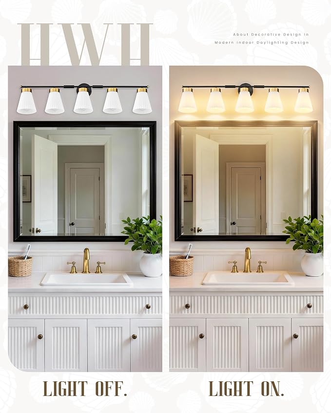Bathroom Wall Sconces, HWH 5-Light Wall Mount Lighting Fixtures for Mirror, Modern Vanity Lights with Frosted Milk White Striped Glass, Black and Gold Finish, 5HZG97B-5W BK+BG