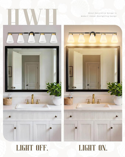 Bathroom Wall Sconces, HWH 5-Light Wall Mount Lighting Fixtures for Mirror, Modern Vanity Lights with Frosted Milk White Striped Glass, Black and Gold Finish, 5HZG97B-5W BK+BG