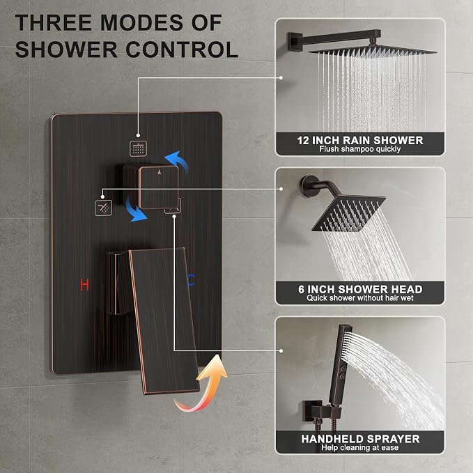 Rain Shower System 12" & 6" Dual Shower Heads, Wall Mount Shower Faucet Set | Ideal for bathroom remodels and upgrades with 12" rain shower, 6" angled shower, handheld spray and complete valve kit.