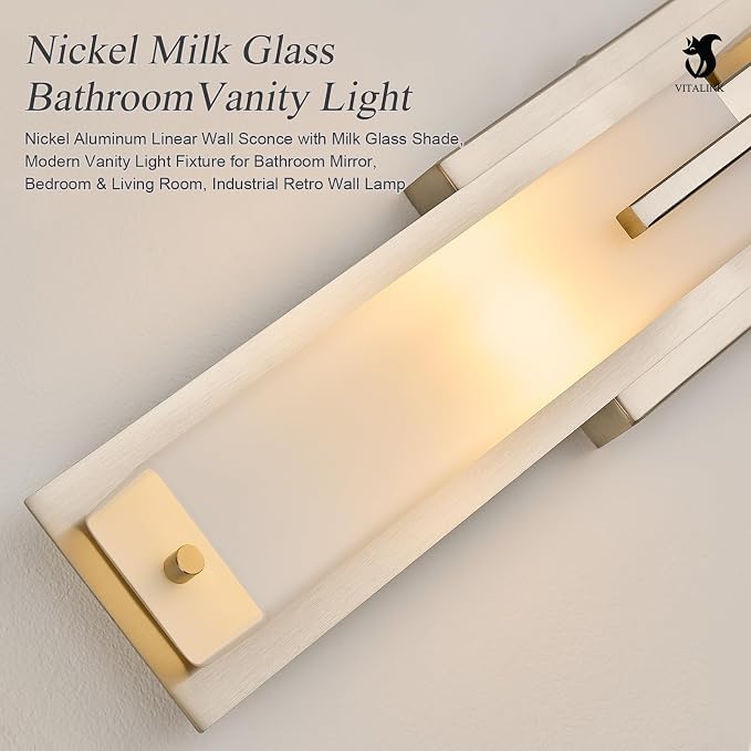 VitaLink 24” Bathroom Vanity Light, Satin Nickel 2-Light Frosted Glass Wall Lights for Bathroom Hardwired Wall Mount Lighting Fixtures for Living Room Bedroom E12