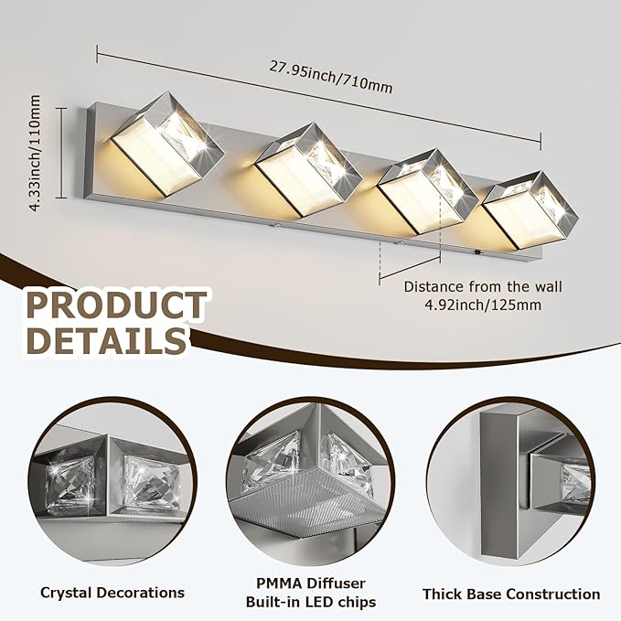 Joossnwell Brushed Nickel Bathroom Lights Fixtures Over Mirror (4-Light, 28-Inch) Crystal Vanity Light 5CCT Dimmable Modern Led Bathroom Lighting with 350°Rotatable Head
