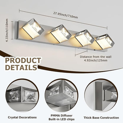 Joossnwell Brushed Nickel Bathroom Lights Fixtures Over Mirror (4-Light, 28-Inch) Crystal Vanity Light 5CCT Dimmable Modern Led Bathroom Lighting with 350°Rotatable Head