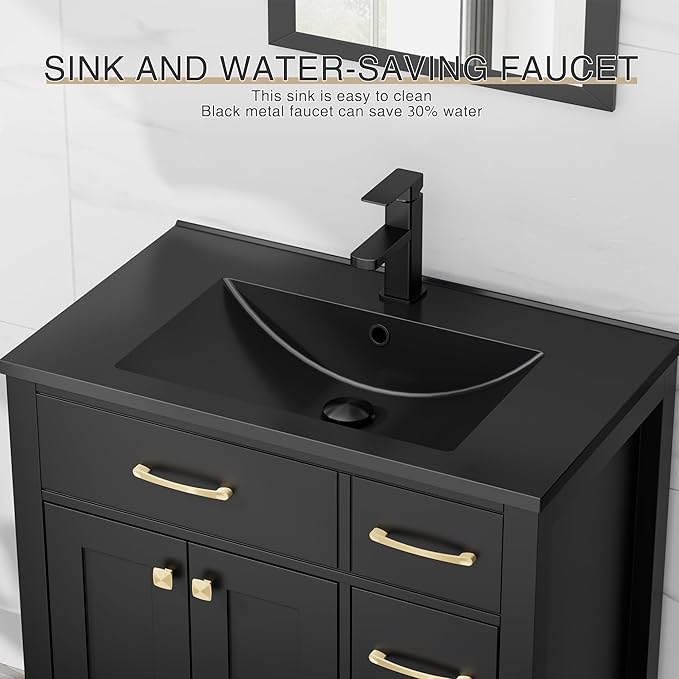 LUCKWIND 30" Modern Bathroom Vanity with Sink, Painted Storage Cabinet with Undermounted Black Sink, Two Doors and Three Drawers, Include Faucet Without Mirror, Black