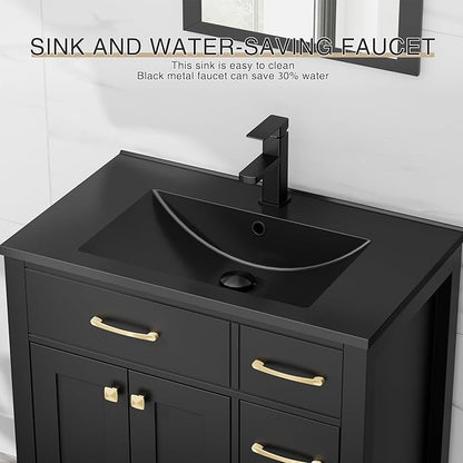 LUCKWIND 30" Modern Bathroom Vanity with Sink, Painted Storage Cabinet with Undermounted Black Sink, Two Doors and Three Drawers, Include Faucet Without Mirror, Black