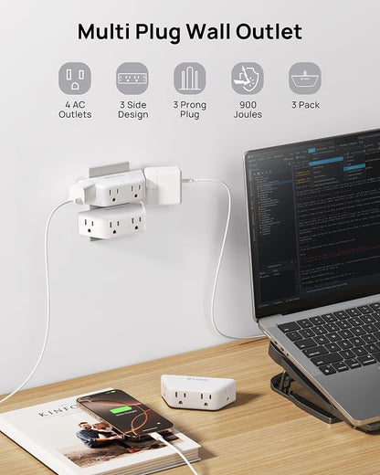 TROND Wall Outlet Extender 3 Pack, Surge Protector Outlet, White | 4 Grounded Sockets, 3 Way Angled Plug Adapter, Space-Saving, 900J, Multiple Wall Splitter for Home Office Dorm Room