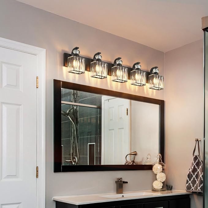 Modern Bathroom Vanity Light, 5-Light Black Bathroom Lighting Fixtures Over Mirror, 36.3" Crystal Wall Light Sconce for Bathroom/Bedroom/Vanity, Includes LED Bulbs, Easy Installation