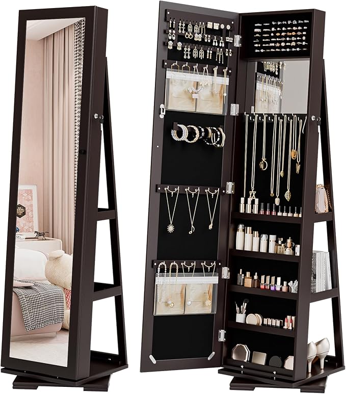 Bonnlo 360° Swivel Jewelry Mirror Cabinet with Inside Makeup Mirror,Full Length Mirror with Jewelry Storage, Lockable Standing Jewelry Armoire Organizer, Espejo Oon Almacenamiento for Bedroom,Brown