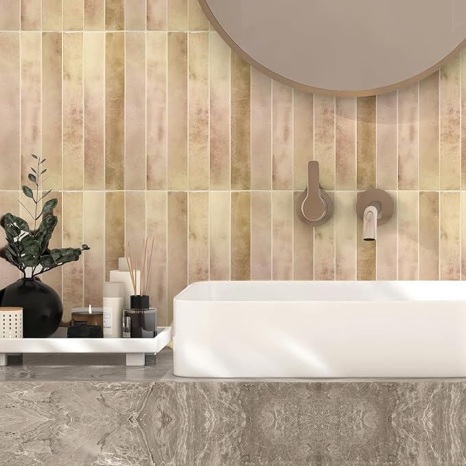 10 Sheet Pink with Beige 9 * 11.4 in backsplash Tiles Peel Stick for Kitchen Bathroom RV Fireplace Decor, Thick Design Glossy wall Tile Stickers Stick on Tiles backsplash