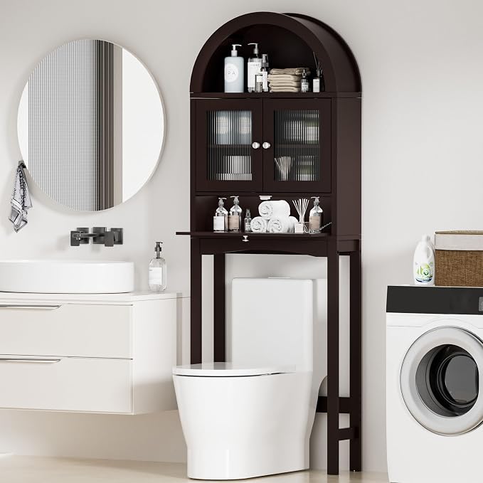 Spurgehom Over The Toilet Storage Cabinet with Glass Door (Coffee) | Freestanding Bathroom Shelf Equipped with Anti-Tipping Device, Space-Saving Vertical Toiletries Storage Cabinet