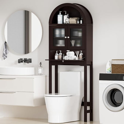 Spurgehom Over The Toilet Storage Cabinet with Glass Door (Coffee) | Freestanding Bathroom Shelf Equipped with Anti-Tipping Device, Space-Saving Vertical Toiletries Storage Cabinet