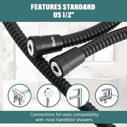 Shower Hose Extra Long Shower Hose-Replacement-PVC Encapsulated Stainless Steel Core,Rust-Resistant &No Teflon Tape Needed,Flexible&Kink-Resistant for Handheld Shower Heads Pets,RV Black 70"