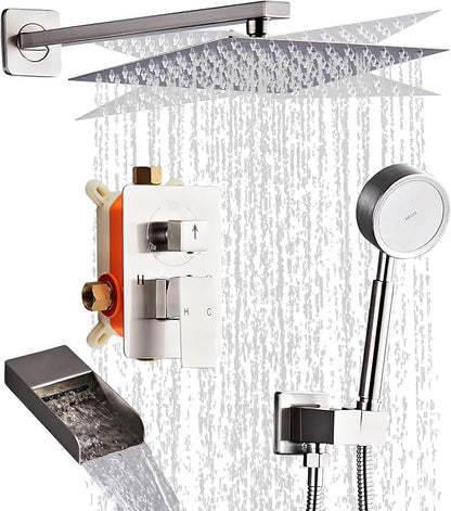 Brushed Nickel Shower Tub Faucet Set Wall Mounted 8 Inch | Shower Heads with Handheld Spray Combo and Tub Shower Faucet, Luxury Bathroom Square Rain Shower System