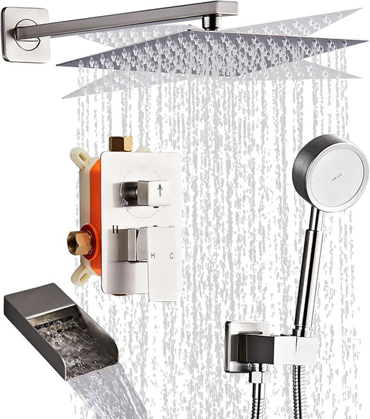 Brushed Nickel Shower Tub Faucet Set, Wall Mounted 10 Inch | Shower Heads with Handheld Spray Combo and Tub Shower Faucet, Luxury Bathroom Square Rain Shower System