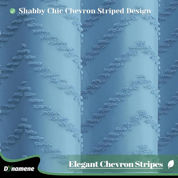 Dynamene Extra Long Shower Curtains, 96 Inch Long Boho Tufted Chevron Striped Fabric Shower Curtains for Bathroom, Tall Minimalist Waterproof Cloth Shower Curtain Set with Hook, Moonlight Blue, 72x96