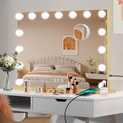 Moonee Gold Vanity Mirror with Lights, Hollywood Lighted Makeup Mirror with 15 Dimmable Bulbs and 10X Magnification, 3 Colors Modes, Aluminum Metal Frame, Light Up Mirror for Tabletop/Wall（23" x 18"）