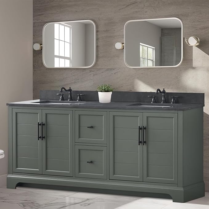 Vanity Art 72 Inch Double Sink Bathroom Vanity with Ceramic Sink and Stone Top | Undermount Rectangular Cabinet with Soft Closing Doors, Dovetailed Drawers, No Mirror VA5072-DVG