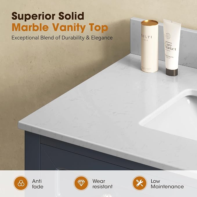 36 Inch Bathroom Vanity with Sink, Midnight Blue, 2 Pack | Solid Wood Bathroom Cabinet with Marble Countertop & Backsplash, Soft Closing 2 Doors & Drawer