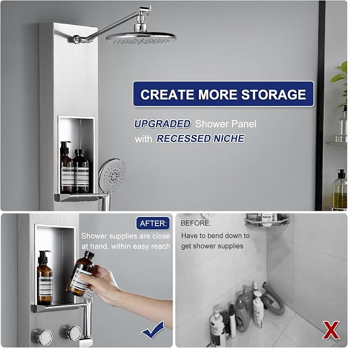 ROVATE Shower Panel Tower System with Shelf & 6 Body Jets, Brushed Finish | Stainless Steel Shower Column with Height Adjustable Shower Arm, Self-Cleaning Rainfall Showerhead & Handheld