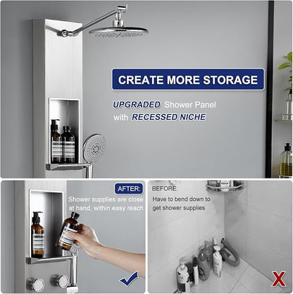 ROVATE Shower Panel Tower System with Shelf & 6 Body Jets, Brushed Finish | Stainless Steel Shower Column with Height Adjustable Shower Arm, Self-Cleaning Rainfall Showerhead & Handheld