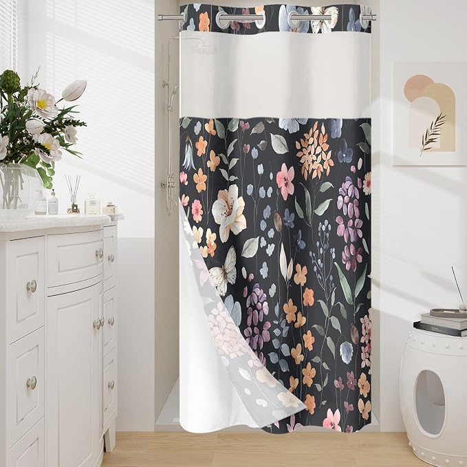 Litabel No Hook Black Watercolor Floral Shower Curtain and Liner Set, 36x74 | Flower Shower Curtains with Snap-in Liner for Farmhouse Bathroom Decor, Botanical Bathroom Curtain with Leaves