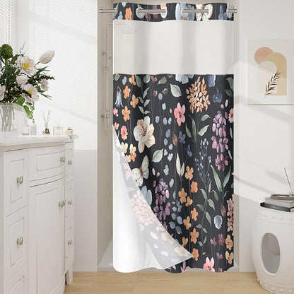 Litabel No Hook Black Watercolor Floral Shower Curtain and Liner Set, 36x74 | Flower Shower Curtains with Snap-in Liner for Farmhouse Bathroom Decor, Botanical Bathroom Curtain with Leaves