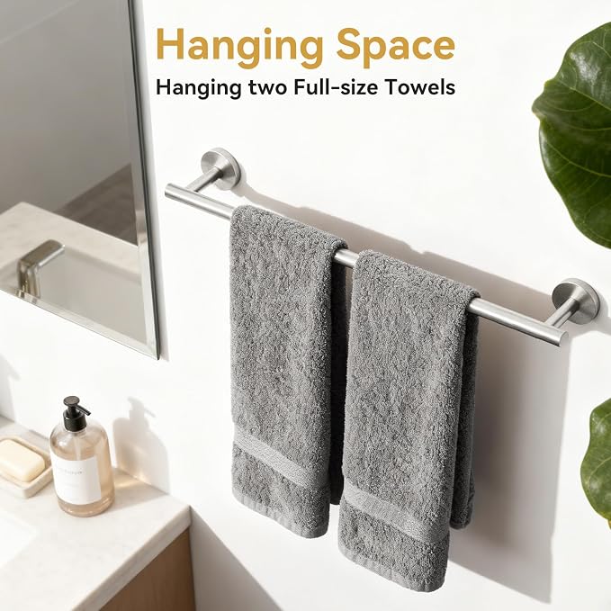Brushed Nickel Towel Bar, 24 Inch Bathroom Towel Rack | Towel Holder Wall Mounted, Thicken SUS304 Stainless Steel Towel Rod Modern Home Decor (Total Length 26 Inch)