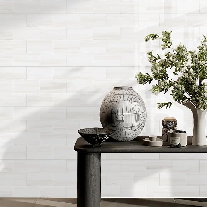 Vamos Tile 100-Piece Glossy Dolomite White Peel and Stick Backsplash Tile,3''x6'' PVC Subway Tile with White Grout, Stick on Backsplash for Kitchen/Bathroom/Fireplace