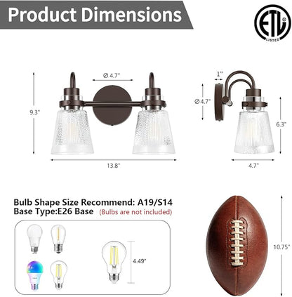2-Light Bathroom Vanity Light, 13.8 Inch Farmhouse Bathroom Light Fixtures with Clear Striped Glass Shade, Oil Rubbed Bronze Wall Sconce Lighting Over Mirror for Bedroom Hallway Cabinet