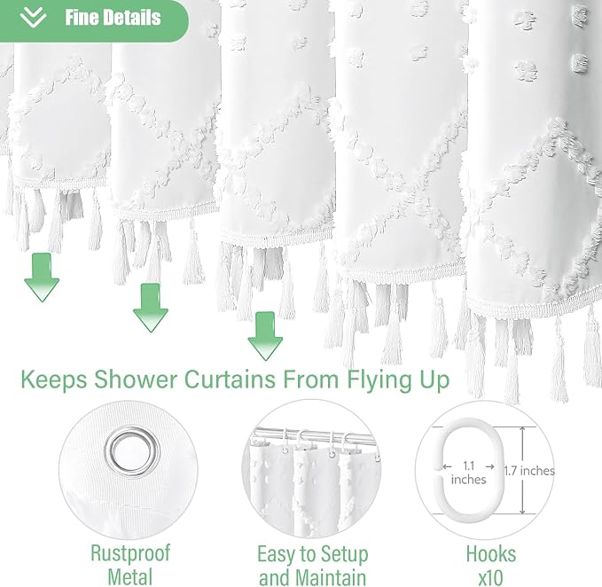 Stall Boho Farmhouse Shower Curtain Tufted Geometric 60"x72" White | 60 Inch Wide, Elegant Tassel, Lightweight Textured Fabric, Water Repellent, Washable, for Narrow Bathroom/Dorm 10 Hooks