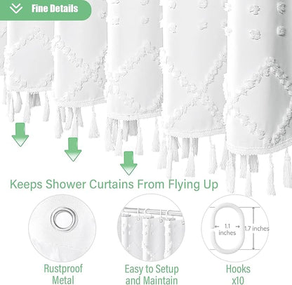Stall Boho Farmhouse Shower Curtain Tufted Geometric 60"x72" White | 60 Inch Wide, Elegant Tassel, Lightweight Textured Fabric, Water Repellent, Washable, for Narrow Bathroom/Dorm 10 Hooks