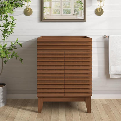 24 Inch Bathroom Vanity Base Cabinet, Walnut Freestanding Bathroom Storage Cabinet Base Only, Modern Wood Grain Vanity Cabinet with Solid Wood Legs and Soft Close Doors, Sink Not Included