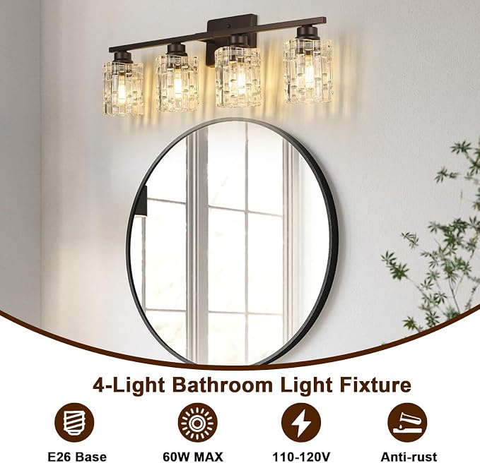 Refice 4-Light Bathroom Vanity Lights Crystal Glass, Oil Rubbed Bronze | Bathroom Light Fixtures Vanity Lighting Over Mirror for Living Room Farmhouse, Hallway